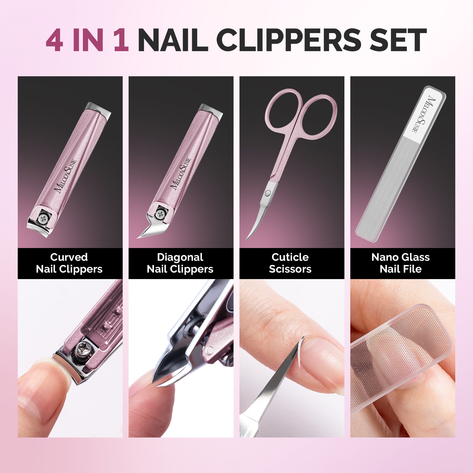 Stainless Steel Nail Clippers 4 in 1 Kit - Pink