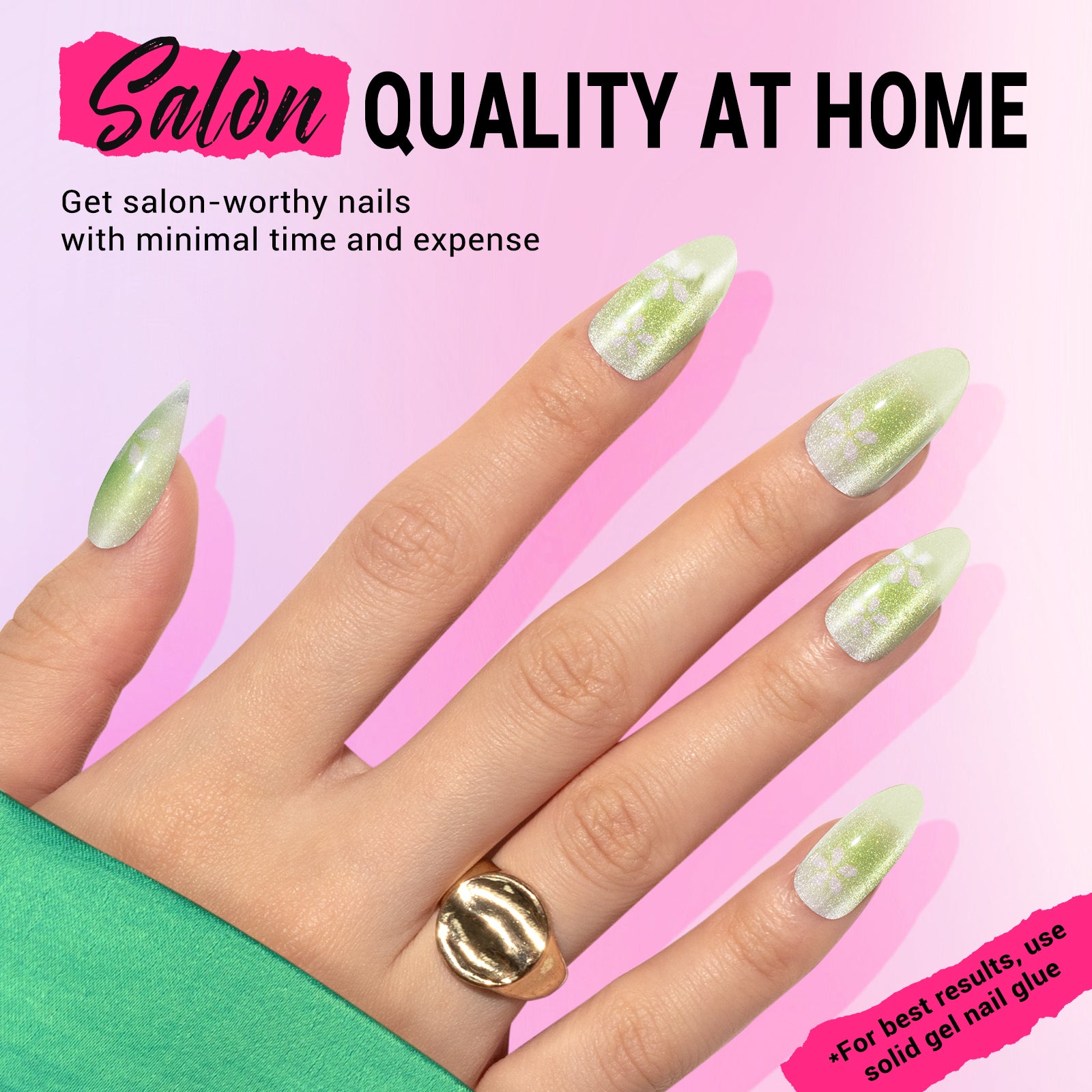 Green Flowers Cat Eye Press On Nails Kit - US ONLY