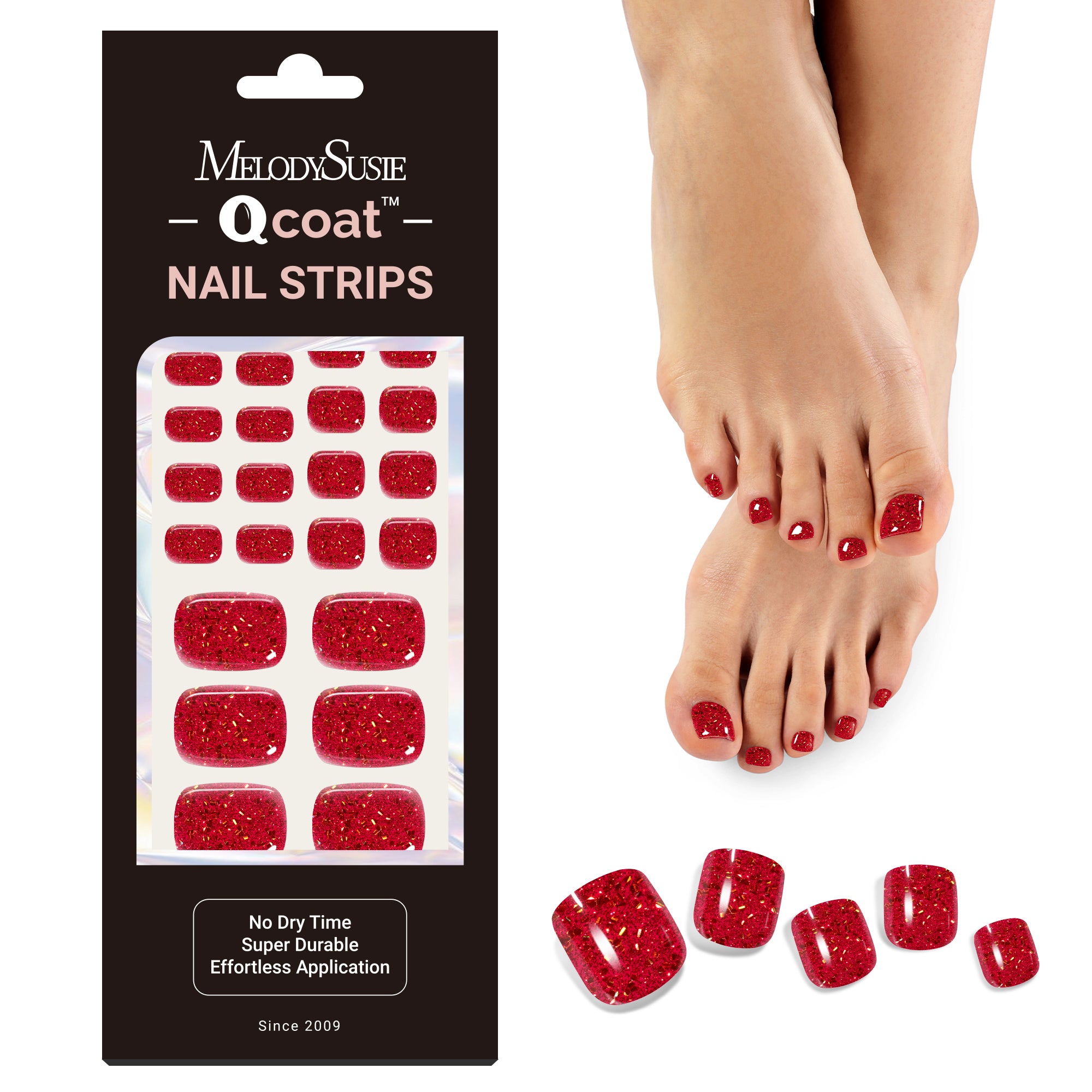 Qcoat Pedicure Fully Cured Gel Nail Strips-Red Glitter(US ONLY)