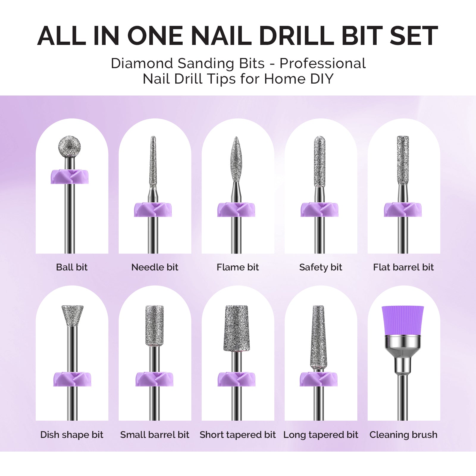 10Pcs Diamond Nail Drill Bit Set with 40Pcs Sanding Bands (#120#180#240 Grits)