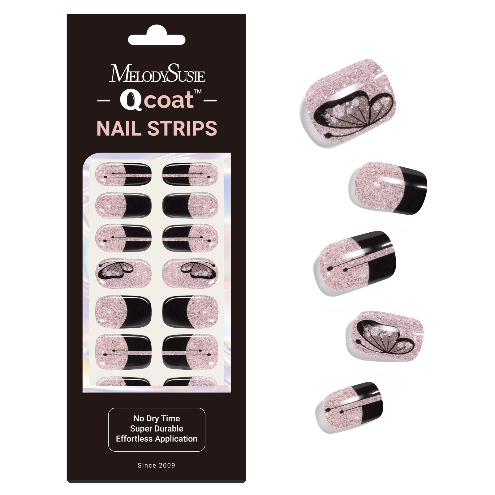 Qcoat Fully Cured Gel Nail Strips - Black French Butterfly(US ONLY)