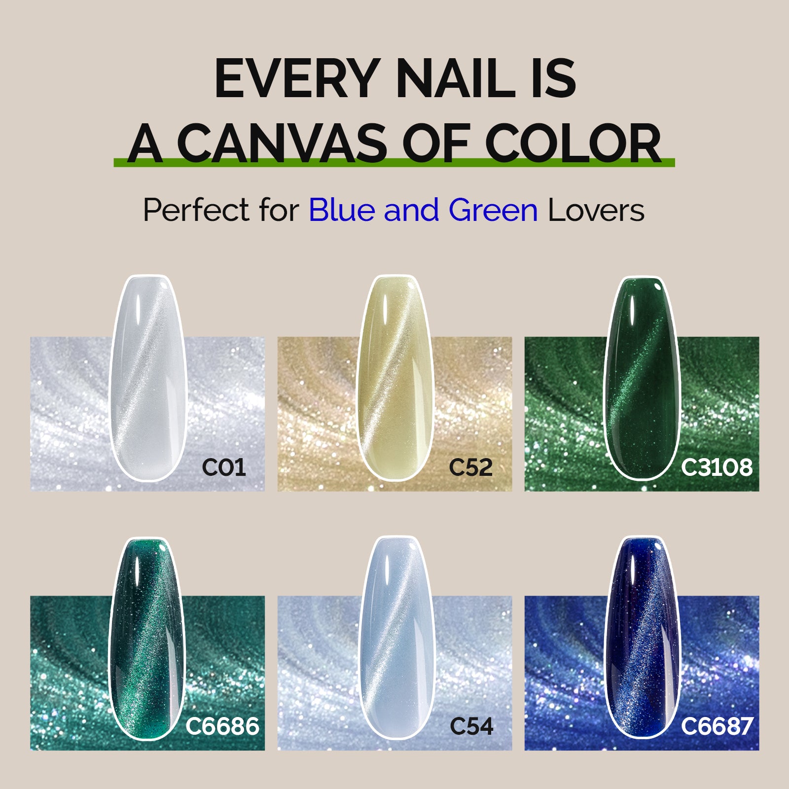 Jeweliver Cat Eye Gel Polish 6 Colors Set 0.5 fl oz/15ml - Blue and Green