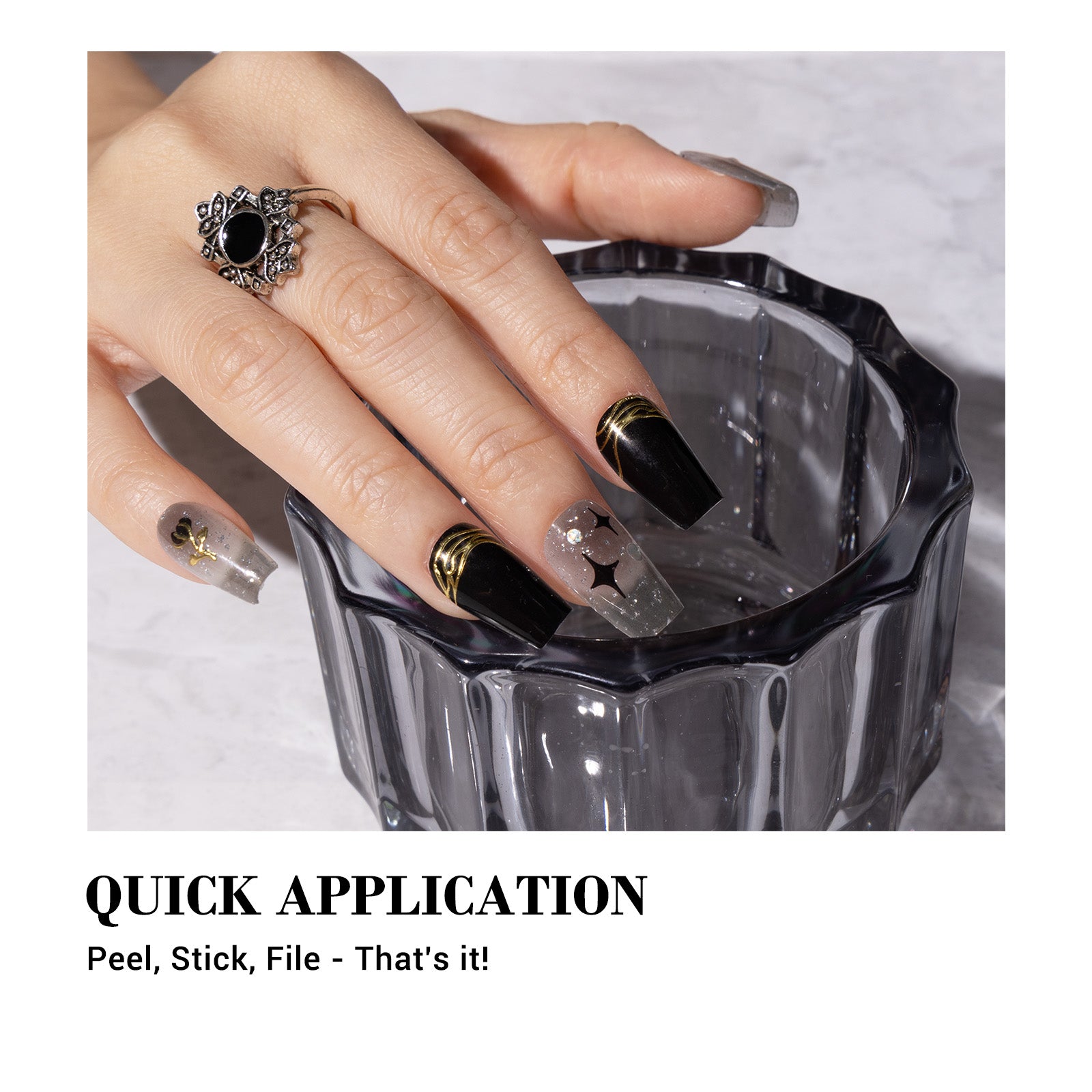 Qcoat Fully Cured Gel Nail Strips - Black Cross Stars(US ONLY)