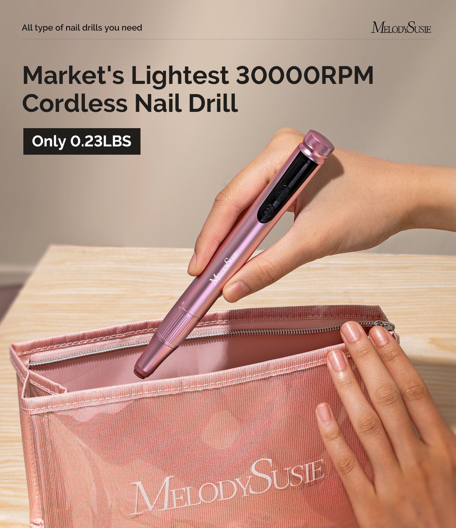 SM180F Portable & Stepless Speed Rechargeable Nail Drill 30000RPM - Rose Gold