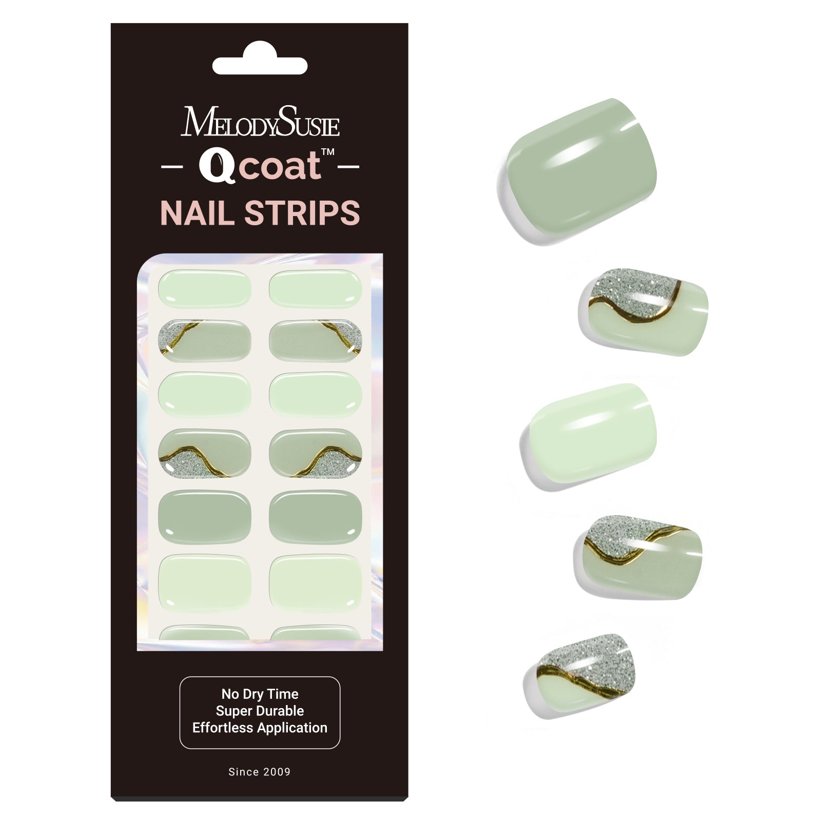 Qcoat Fully Cured Gel Nail Strips - Milky Green Waves(US ONLY)