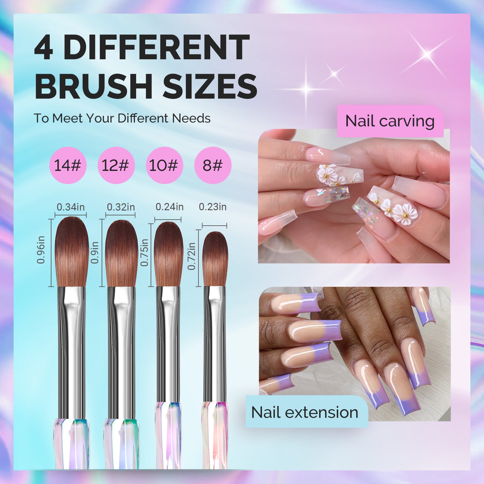 4Pcs Acrylic Nail Brush Set - Size 8/10/12/14