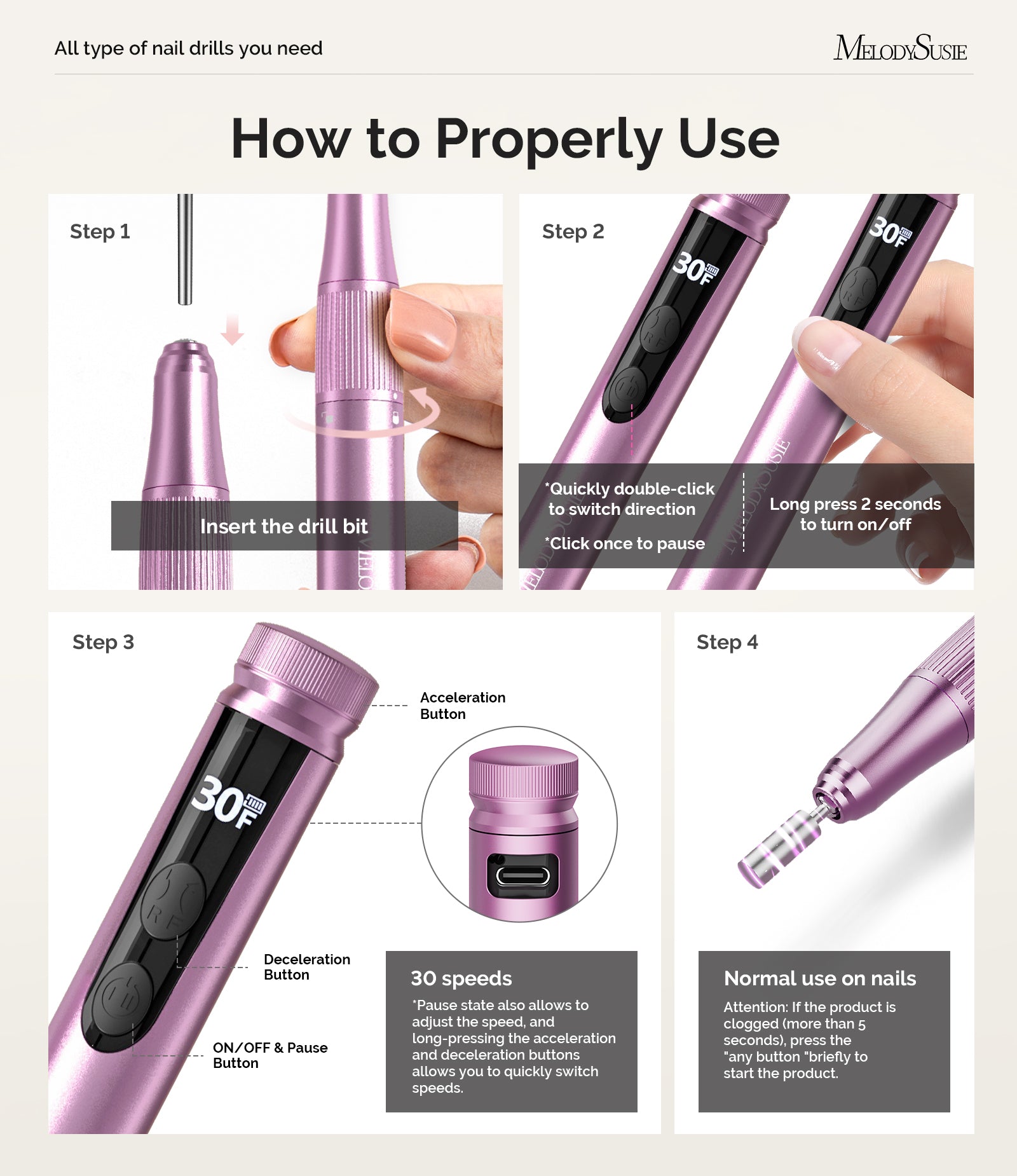 SM180F Portable & Stepless Speed Rechargeable Nail Drill 30000RPM - Rose Gold