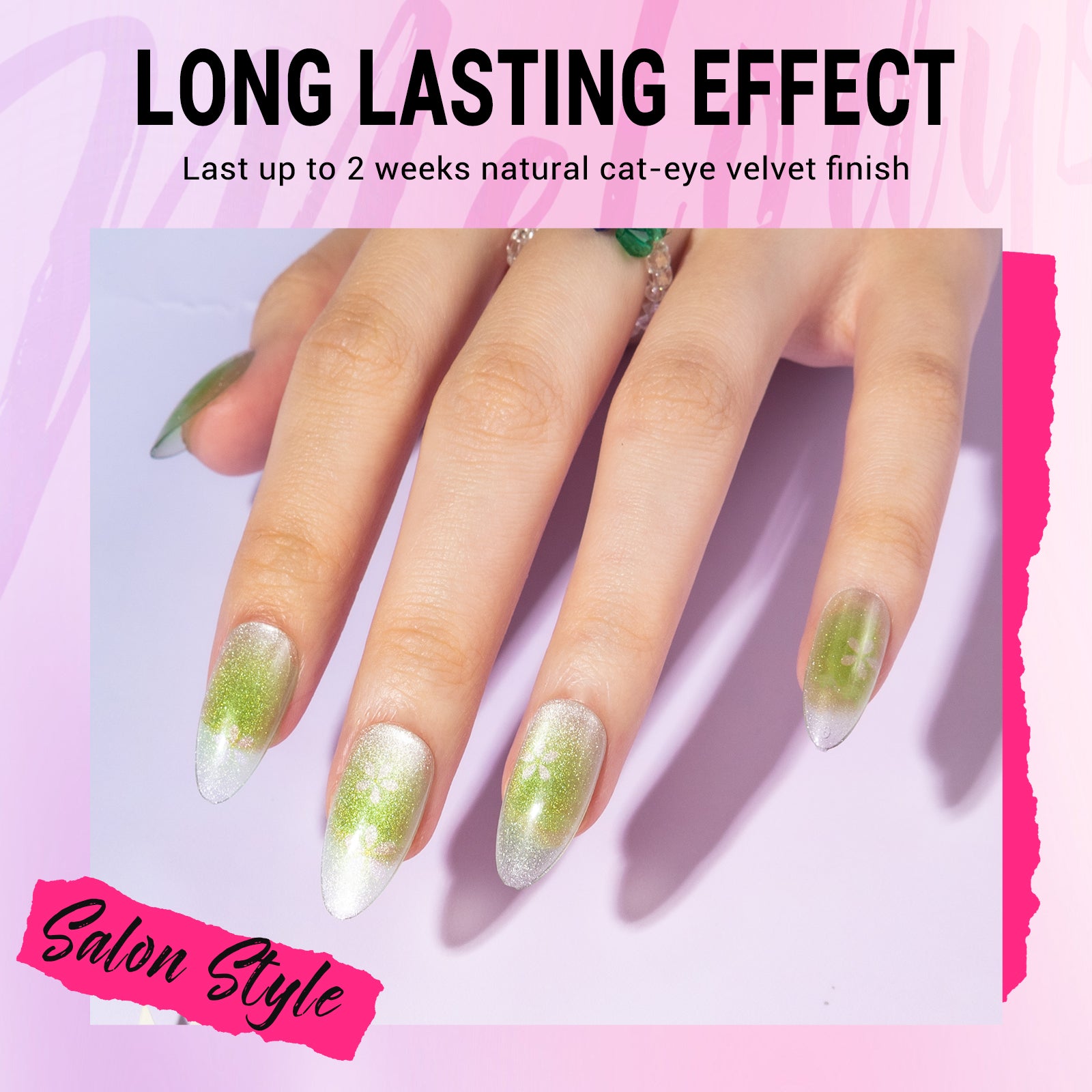 Green Flowers Cat Eye Press On Nails Kit - US ONLY