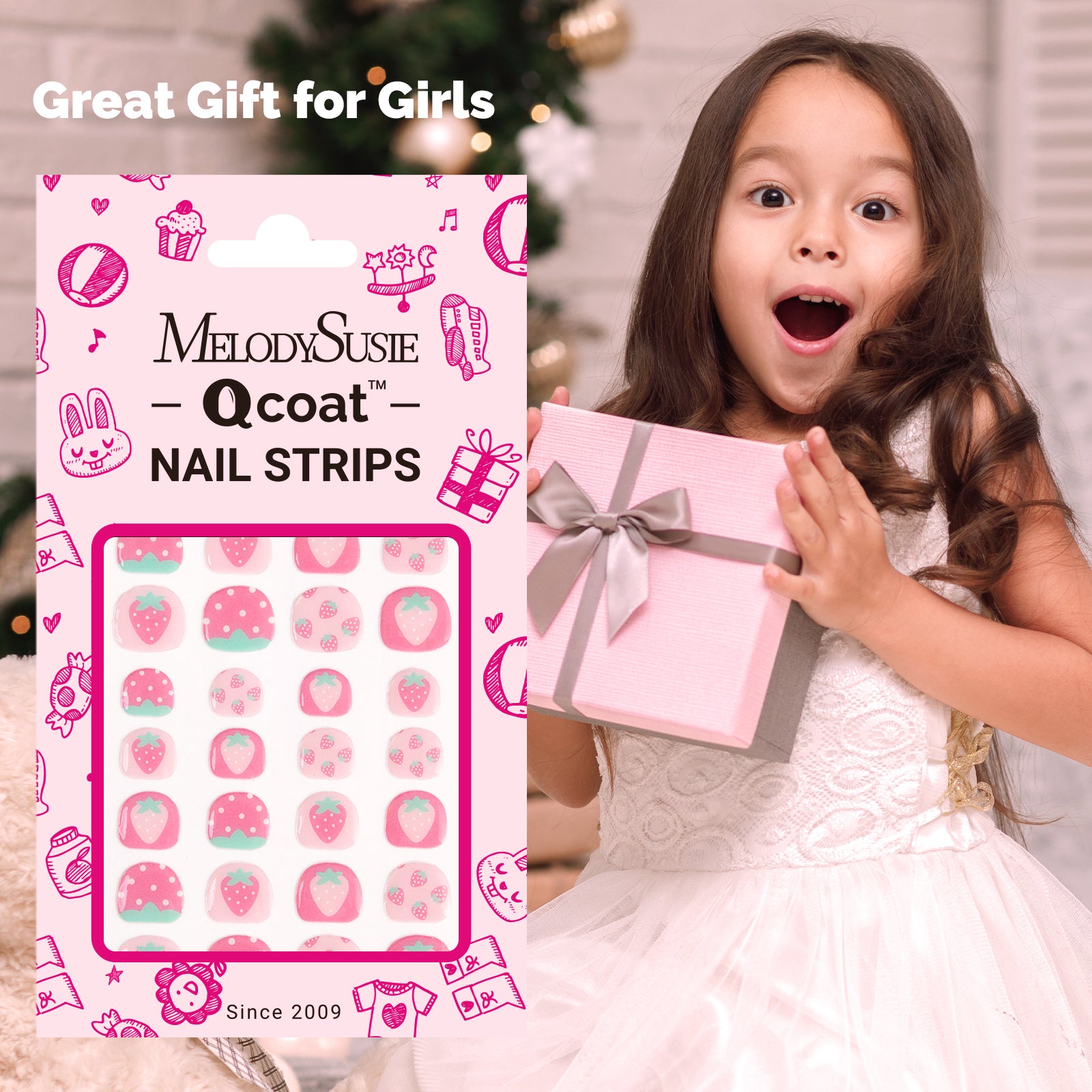 Qcoat Fully Cured Gel Nail Strips for Kids - Sweetheart Strawberry