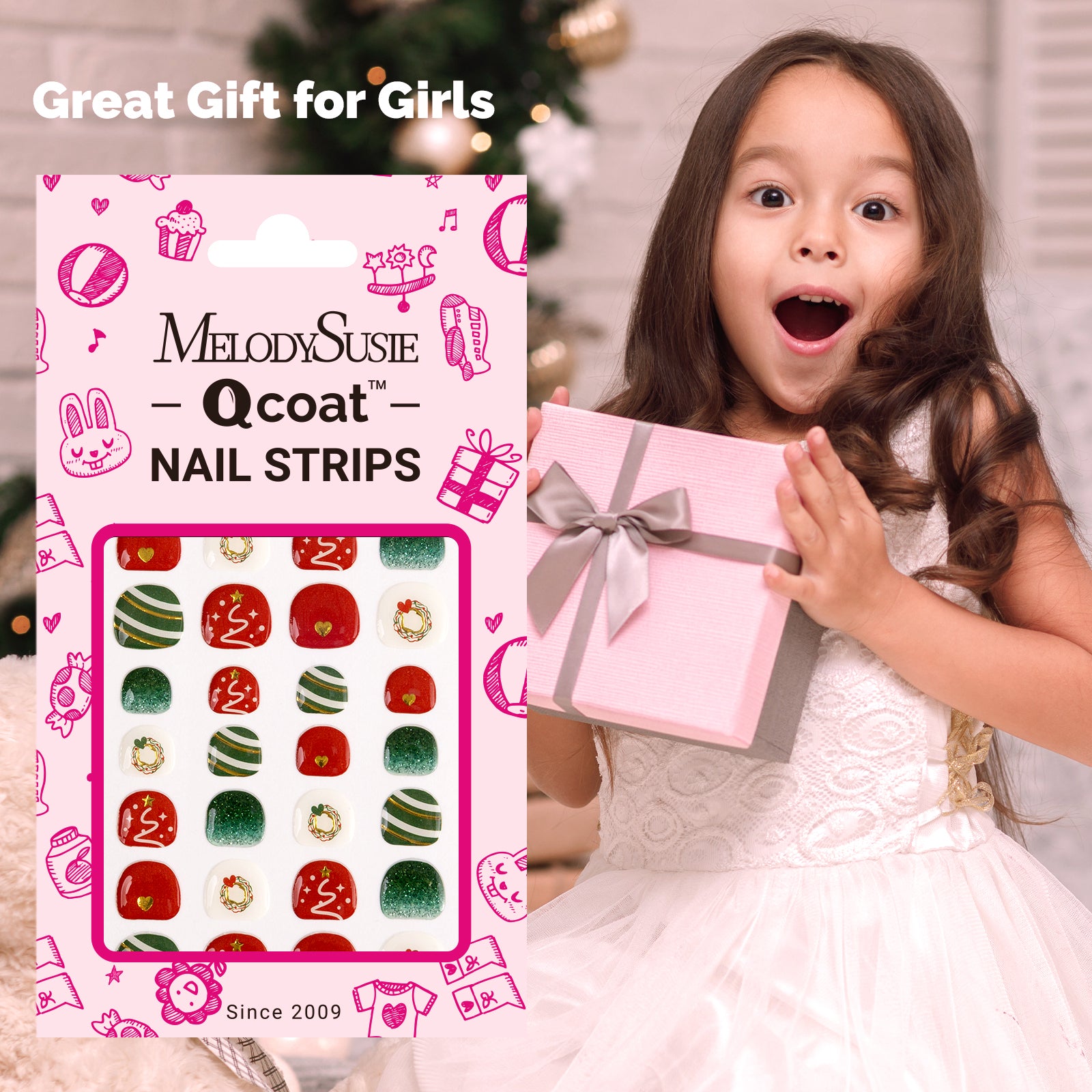 Qcoat Fully Cured Gel Nail Strips for Kids - Merry Festival