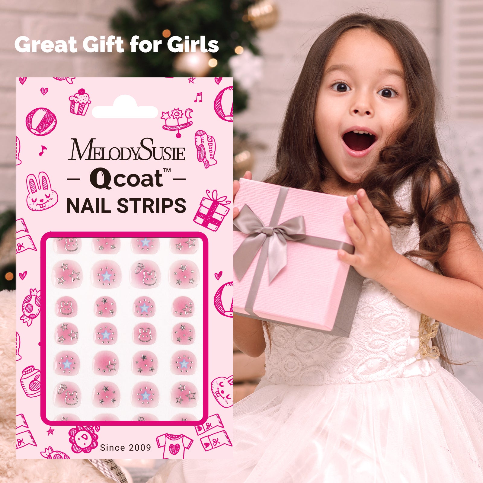 Qcoat Fully Cured Gel Nail Strips for Kids - Pink Starry Sky