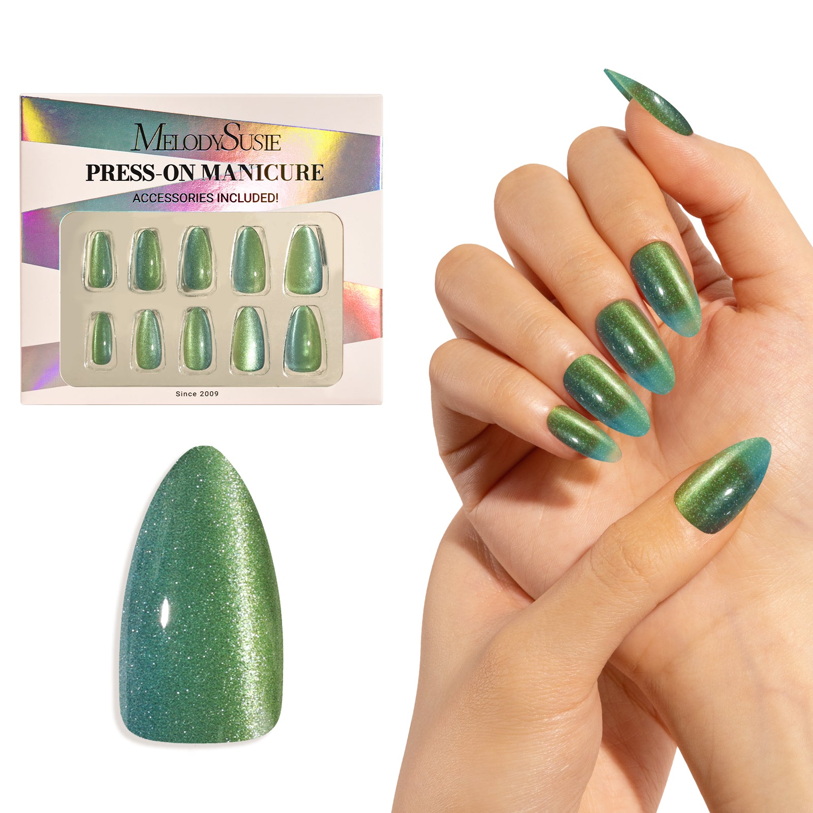 Deep Green Cat Eye Press On Nails Kit - US ONLY