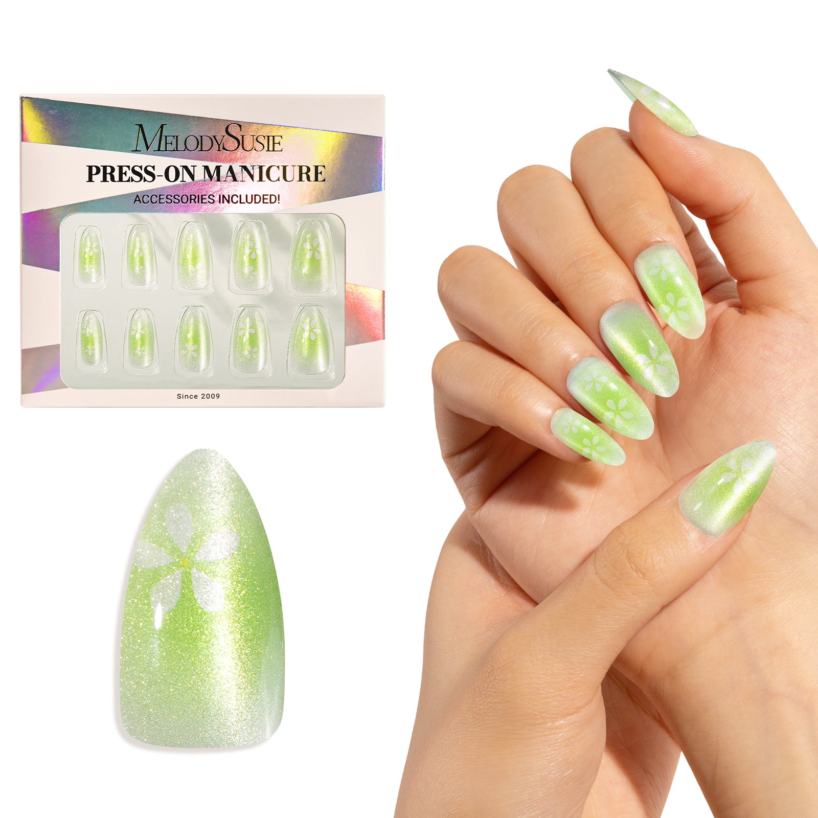 Green Flowers Cat Eye Press On Nails Kit - US ONLY