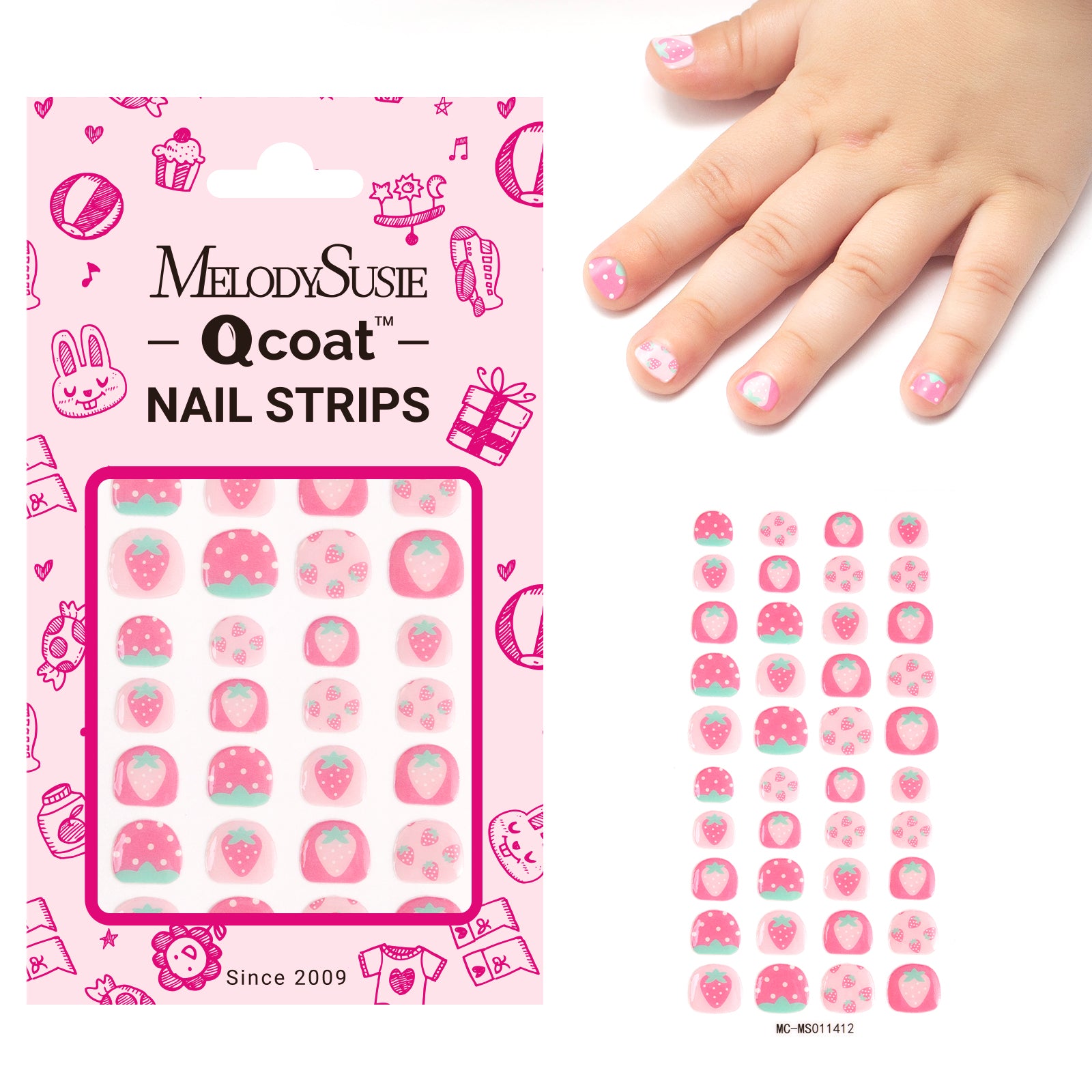 Qcoat Fully Cured Gel Nail Strips for Kids - Sweetheart Strawberry