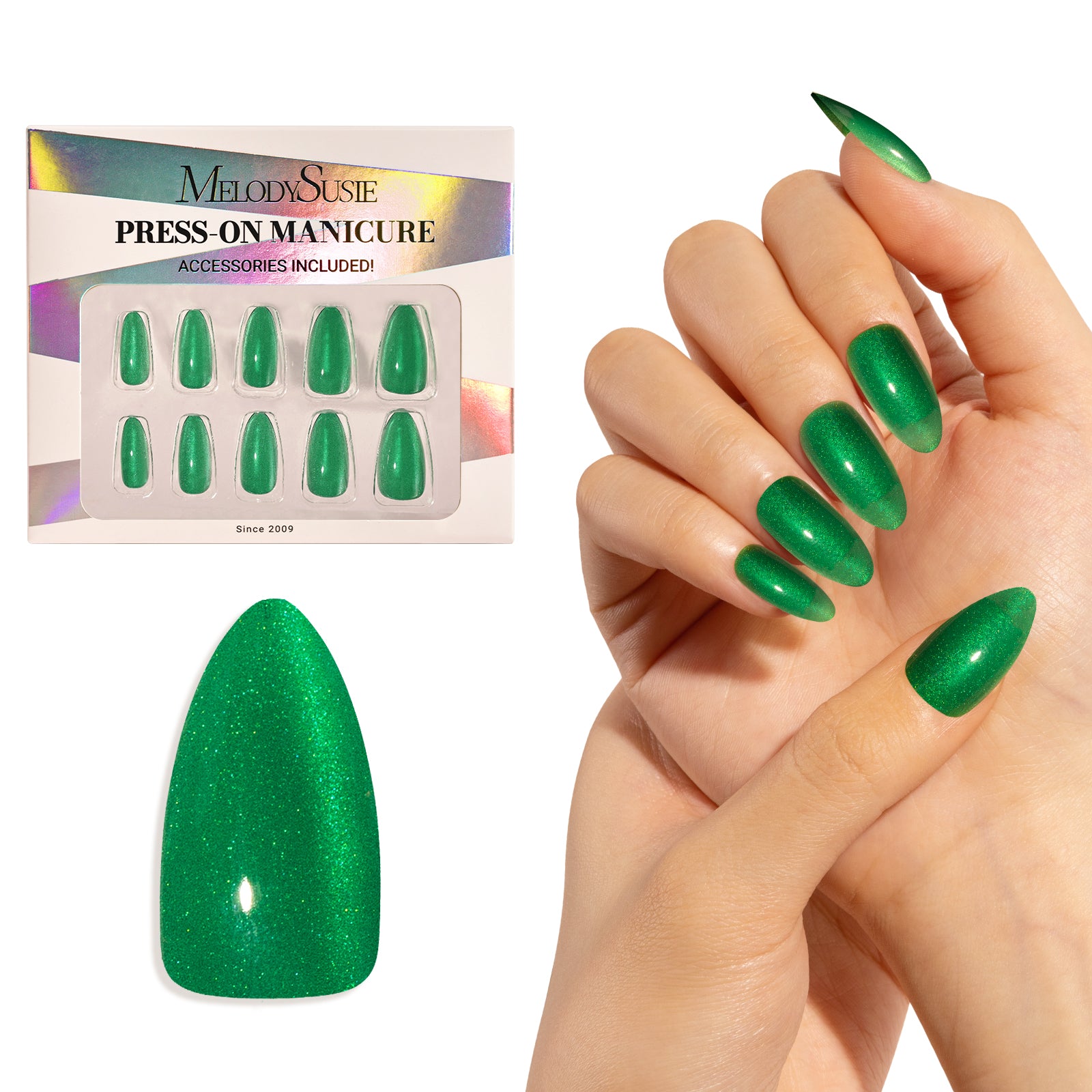 Crystal Green Cat Eye Press On Nails Kit - US ONLY