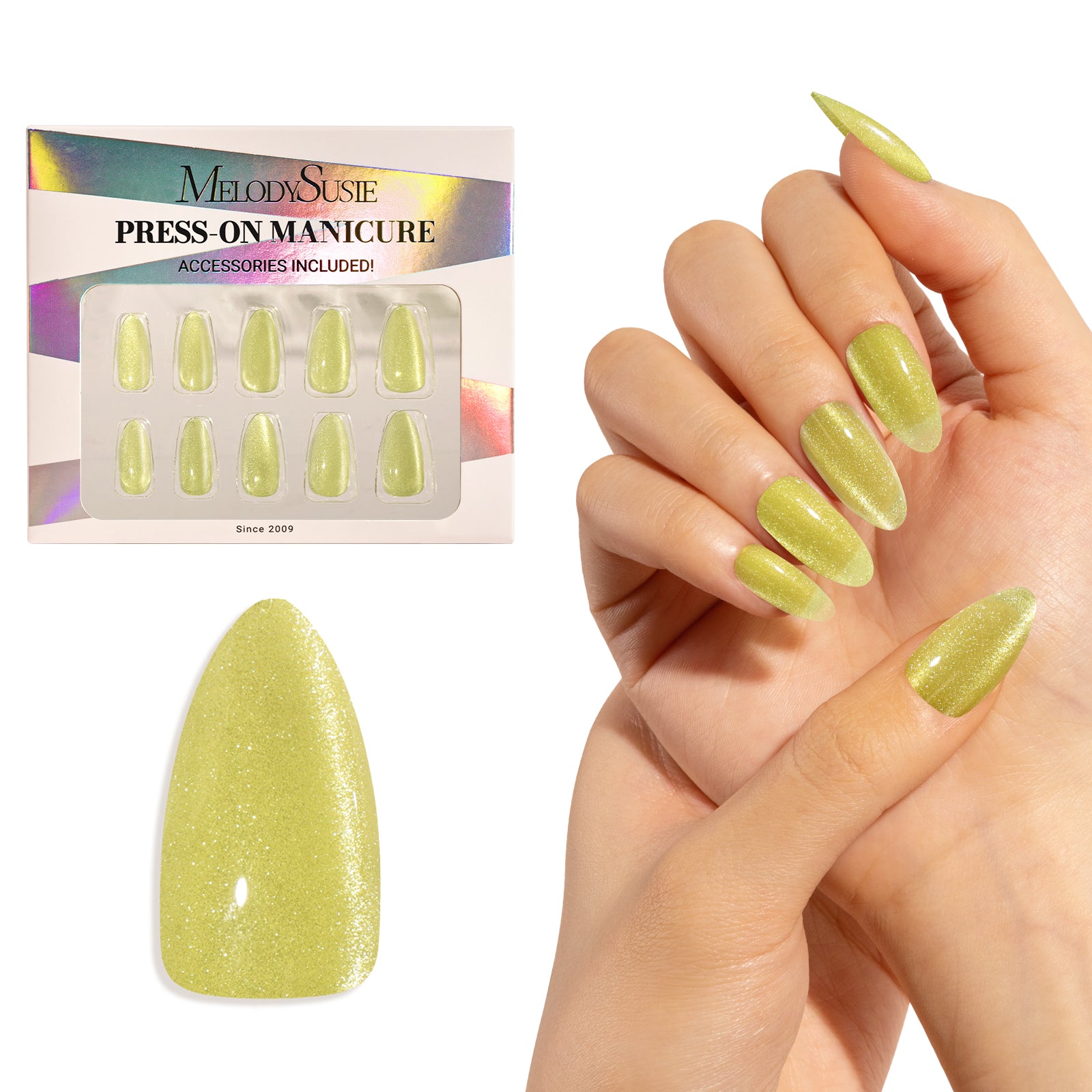 Crystal Yellow Cat Eye Press On Nails Kit - US ONLY