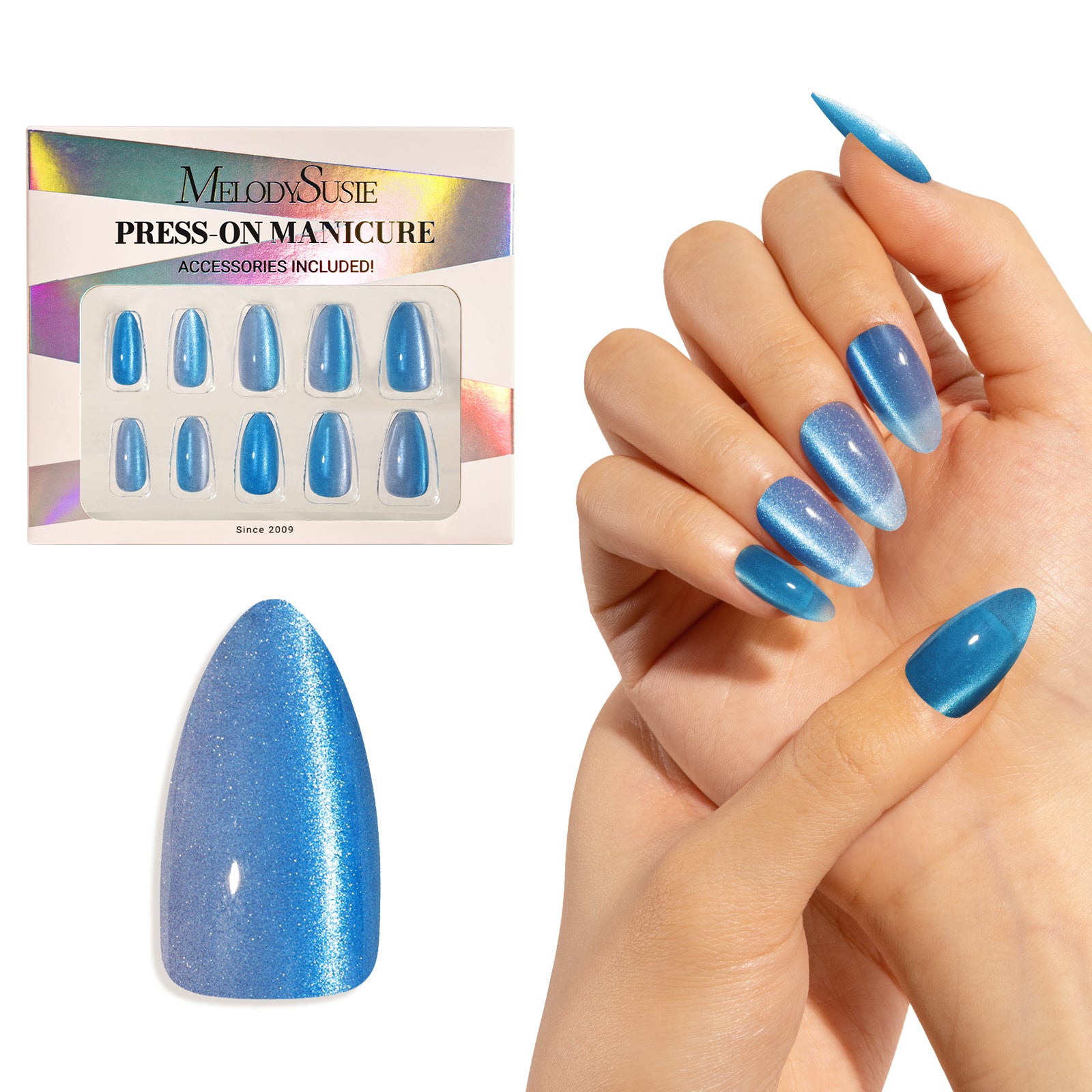 Ombre Blue Cat Eye Press On Nails Kit - US ONLY