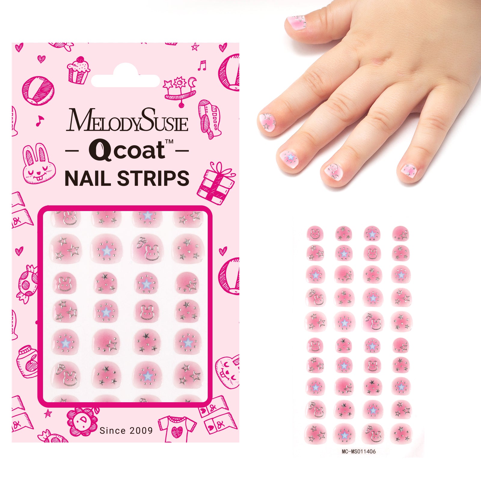 Qcoat Fully Cured Gel Nail Strips for Kids - Pink Starry Sky